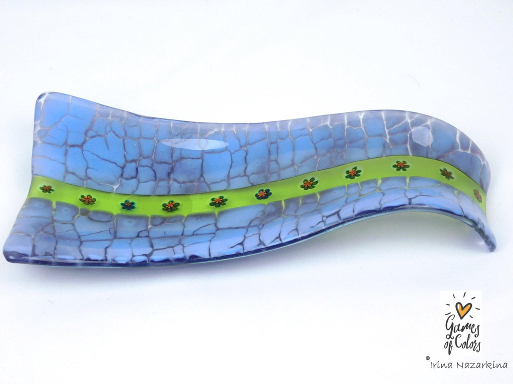 Meadow Ribbon – Fused Glass Spoon Rest / Floral Green Kitchen Art