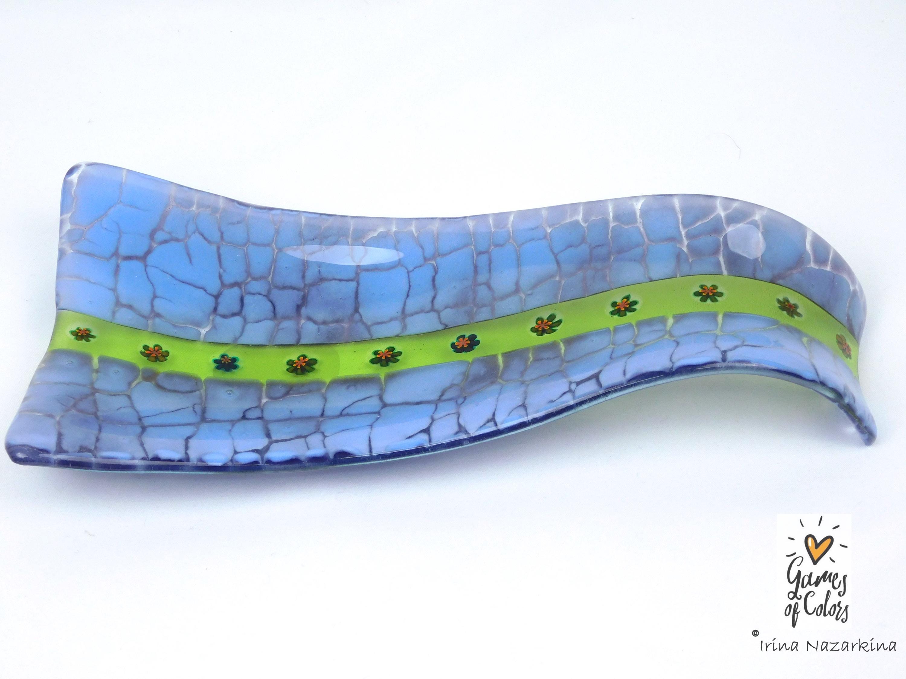 Meadow Ribbon – Fused Glass Spoon Rest / Floral Green Kitchen Art