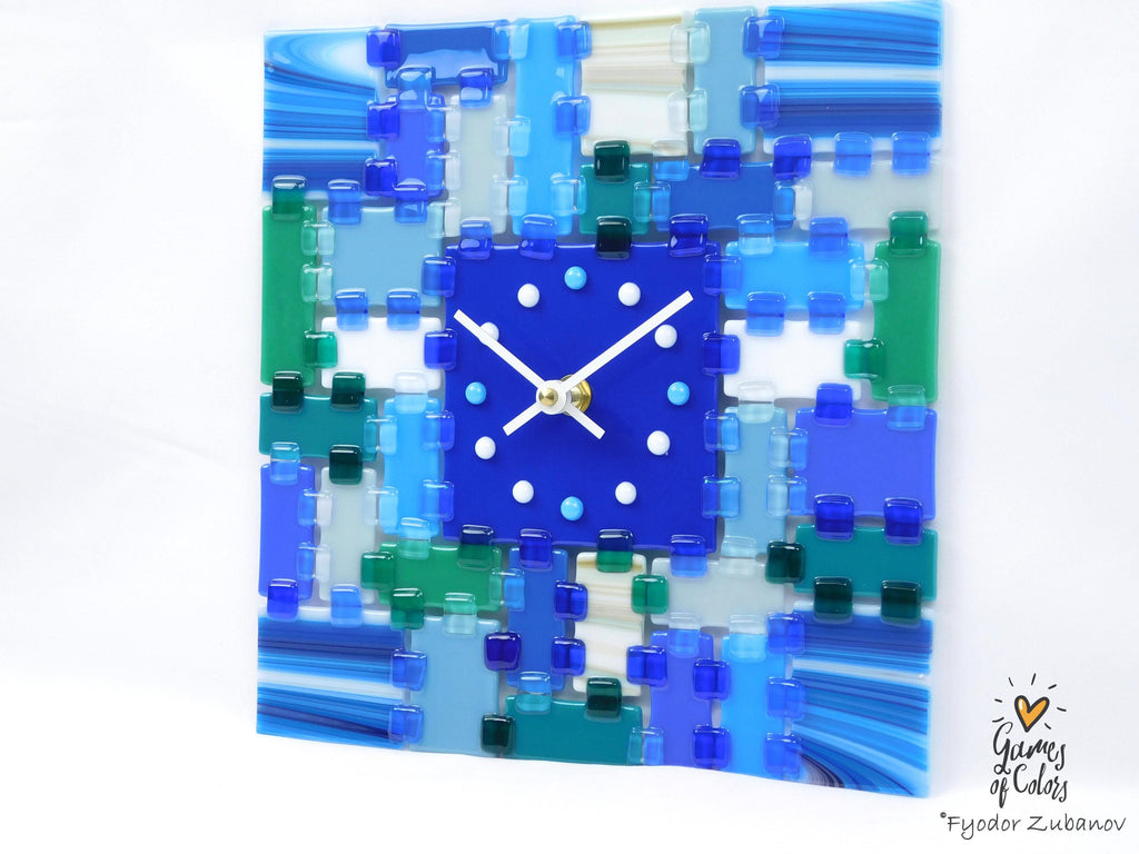 Fused Glass Square Wall Clock - Modern Silent Clock, Blue