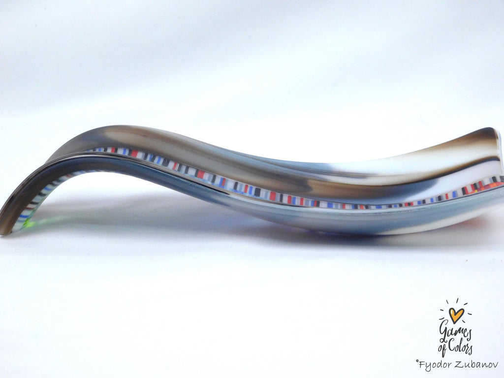 A hand-crafted glass decorative spoon rest "Chromatic current"; fused glass; kitchen accent