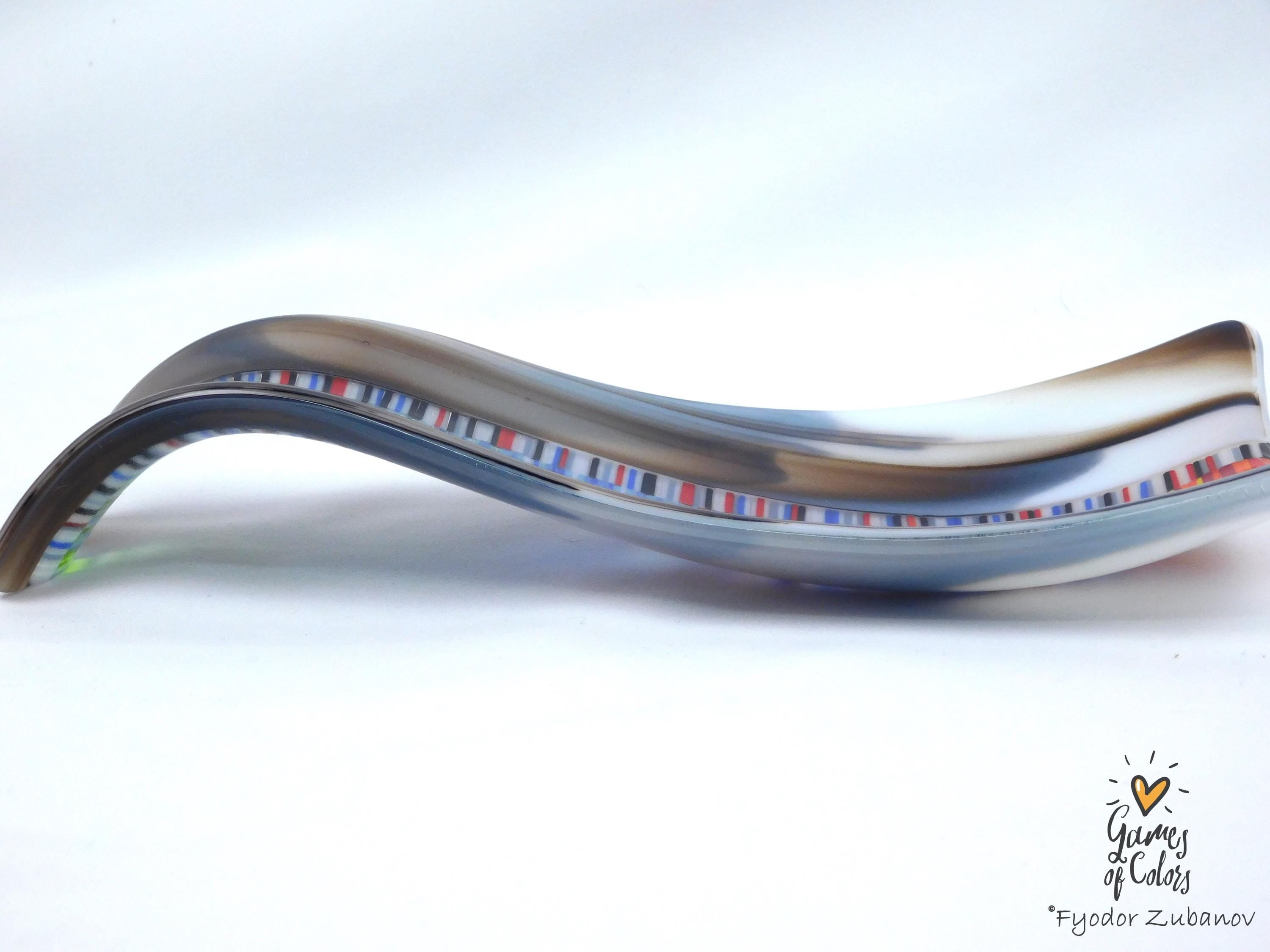 A hand-crafted glass decorative spoon rest "Chromatic current"; fused glass; kitchen accent