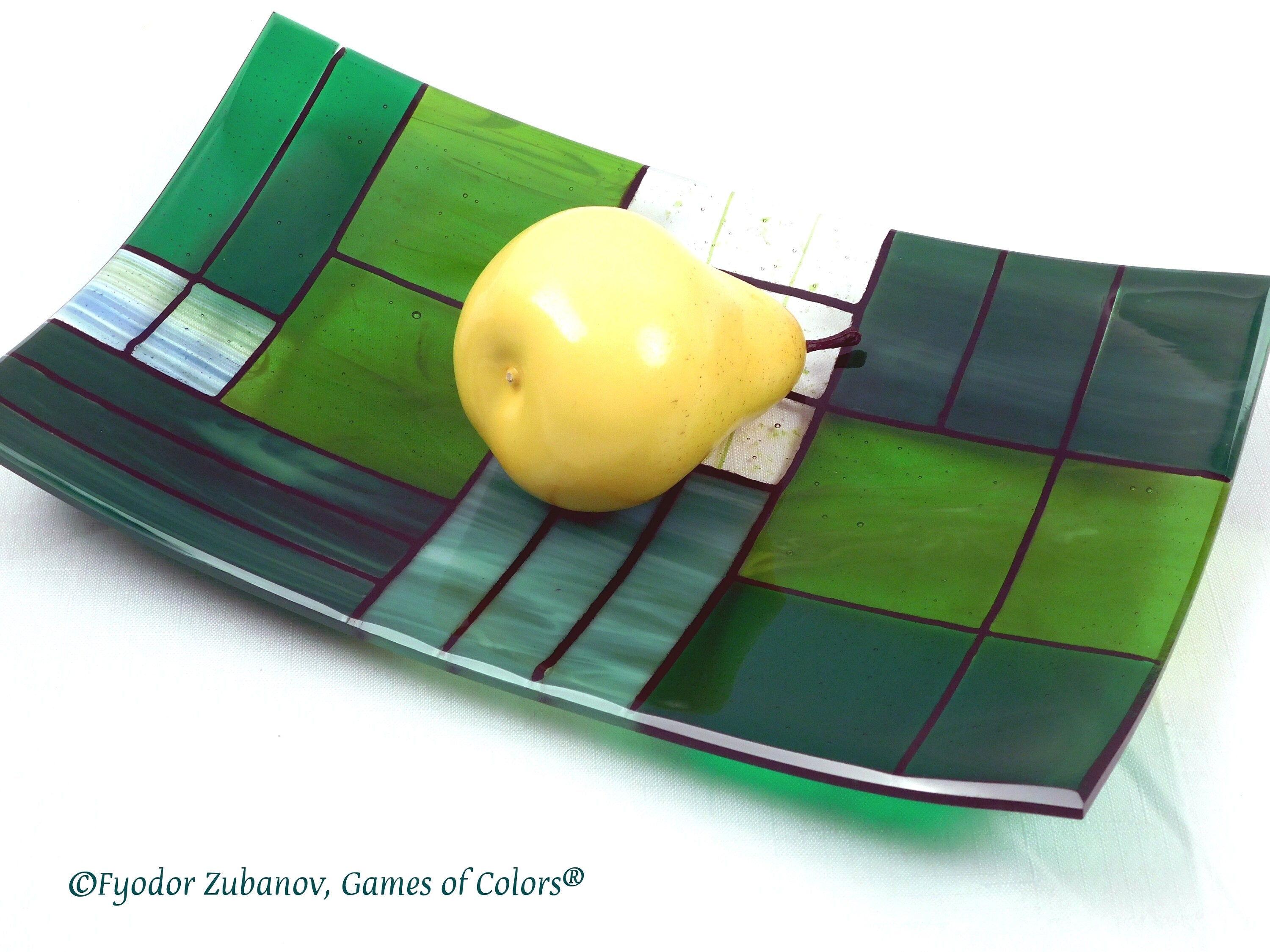 Fused Glass Plate: Rectangular Green Art Glass Centerpiece (12.25 x 7.25 inches)