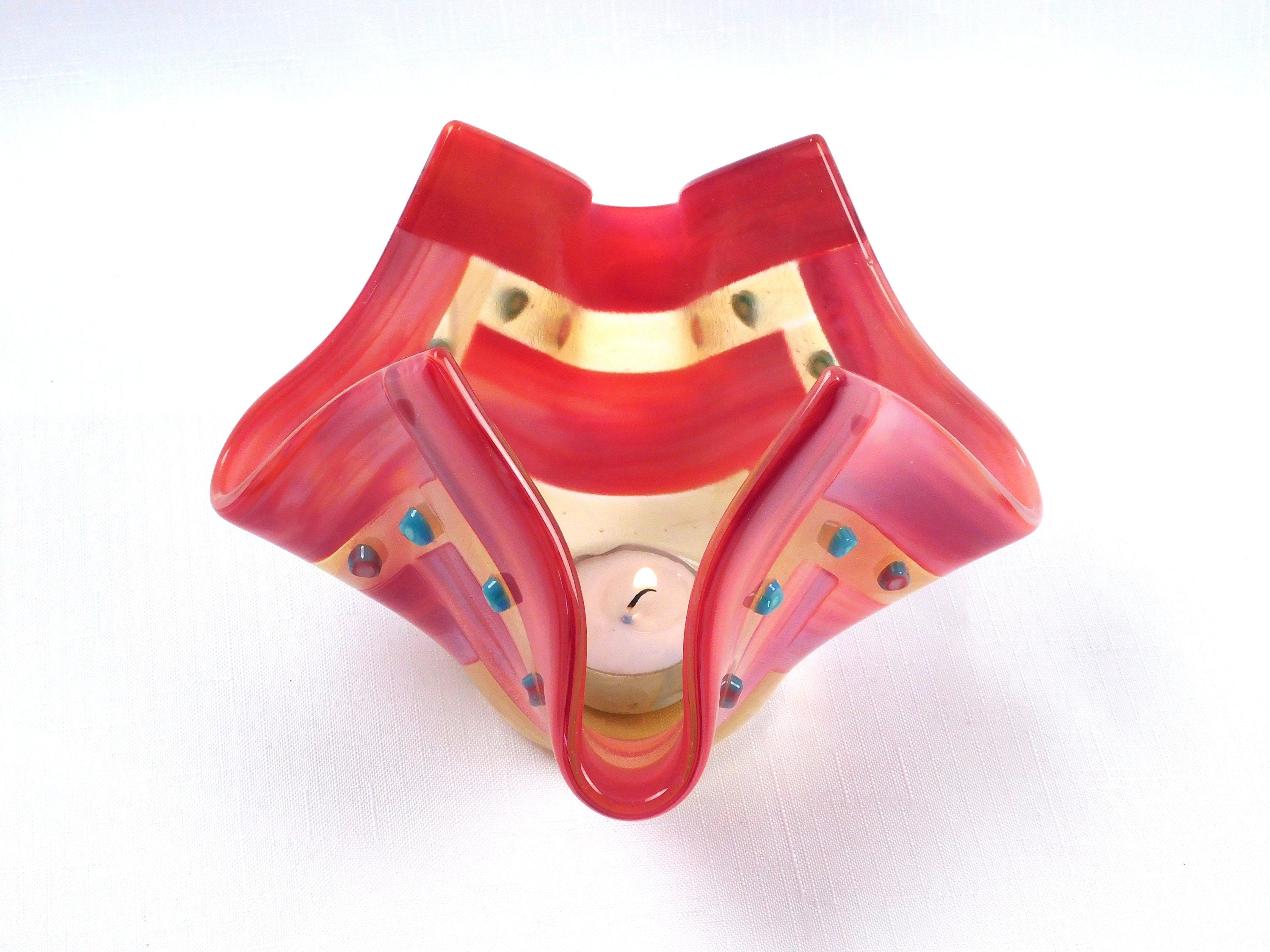 Valentines candle holder Hearts in Amber. Fused glass.