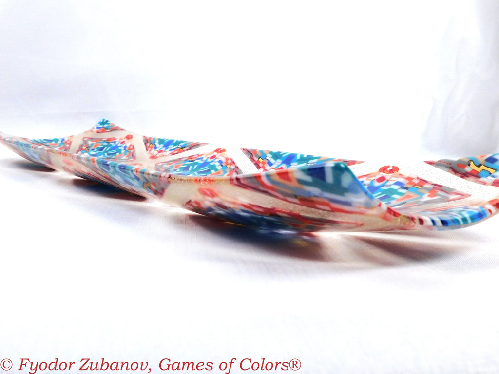 A large glass channel tray "Diamonds in Champagne"; Decorative Plate; Centerpiece; fused glass.