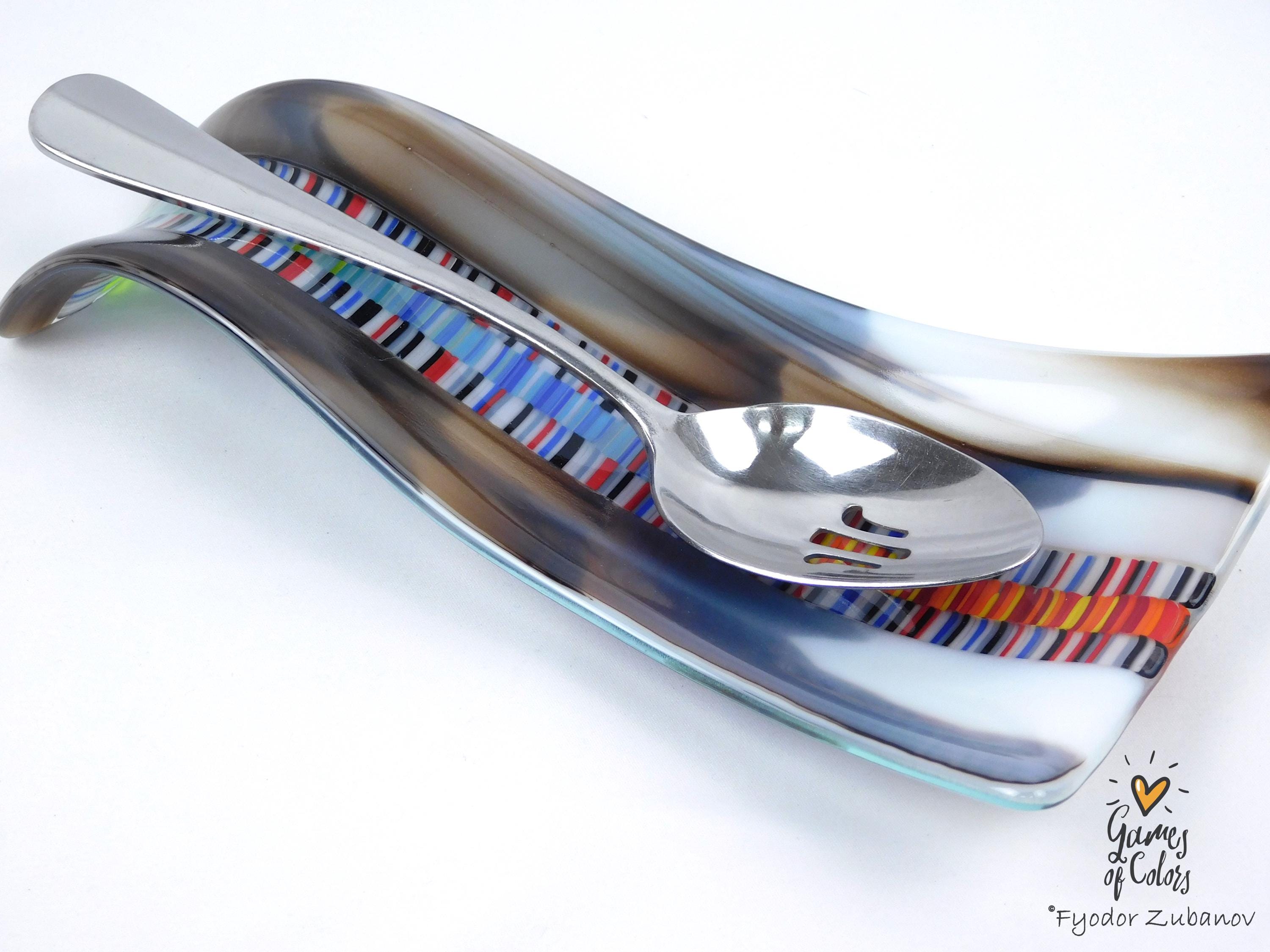 A hand-crafted glass decorative spoon rest "Chromatic current"; fused glass; kitchen accent