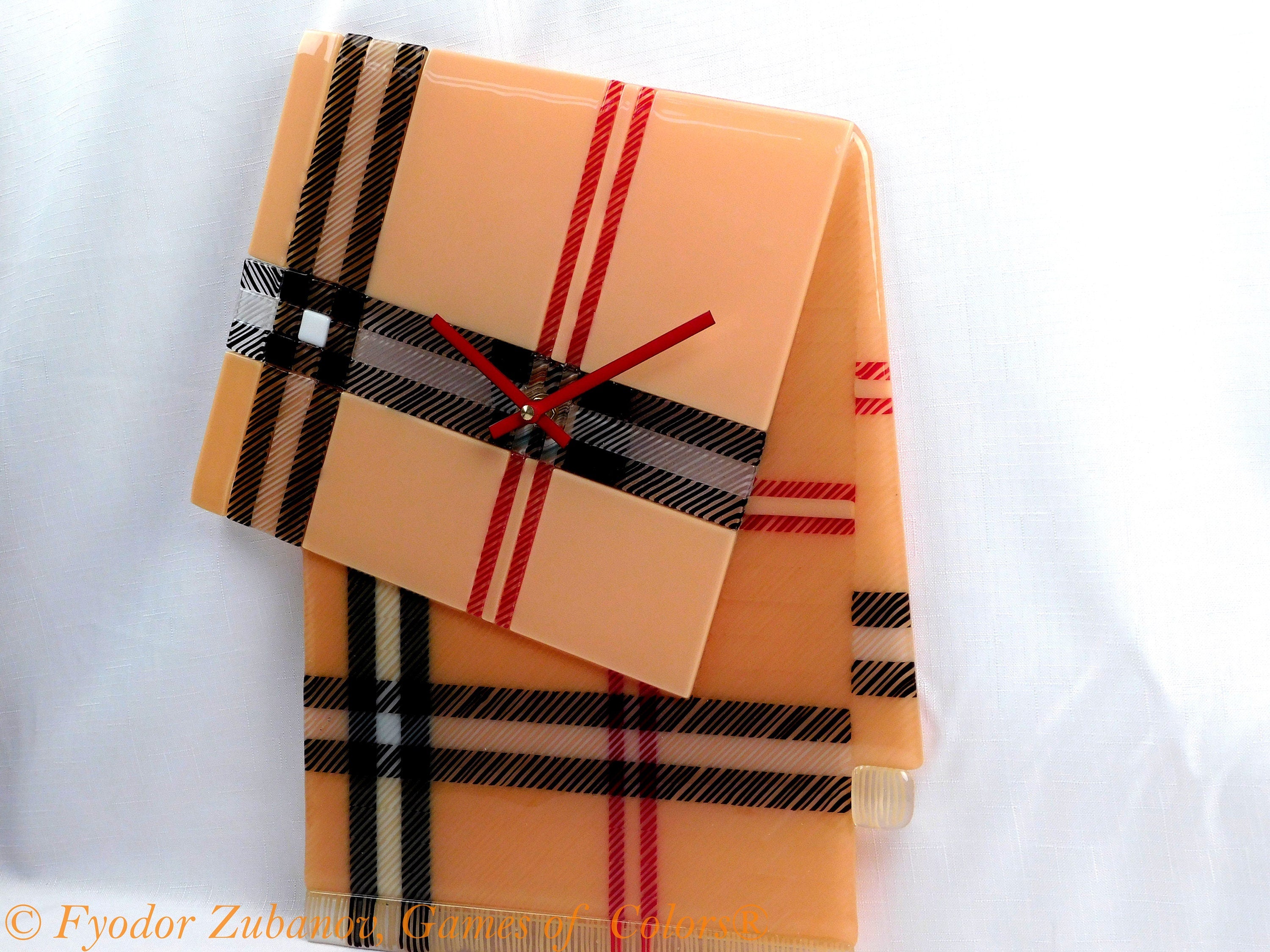 A decorative stylish wall clock "Tartan B"; fused glass, battery powered, one-of-a-kind, anniversary present