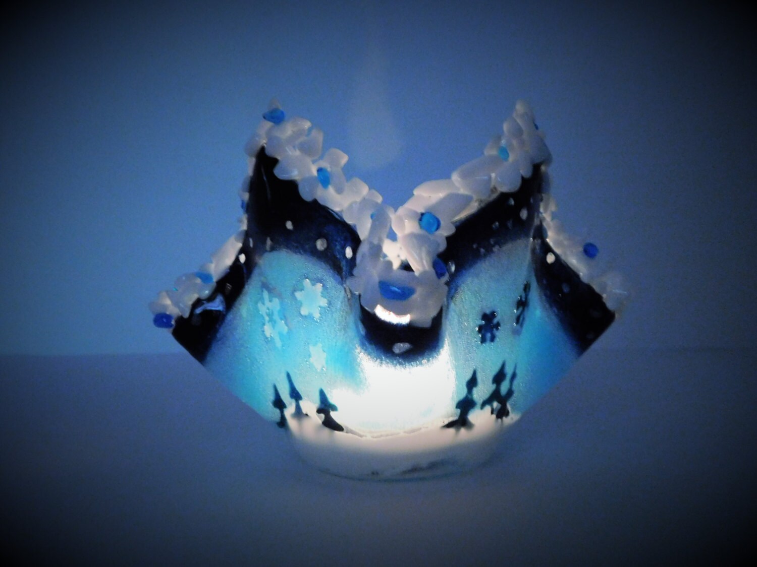 Winter holidays candle holder.  Blue and white fused glass. Original design.