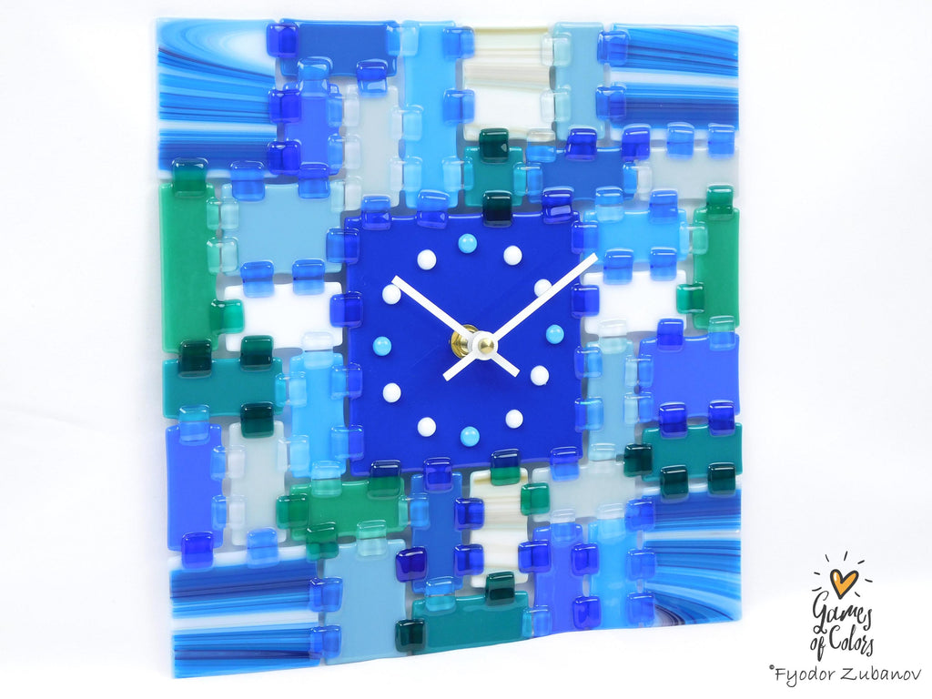Fused Glass Square Wall Clock - Modern Silent Clock, Blue