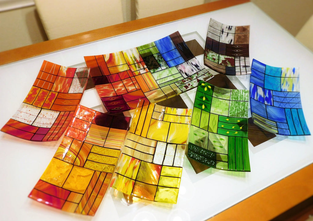 Handmade Glass Plate Set: Colorful Rectangular Platter & Plates