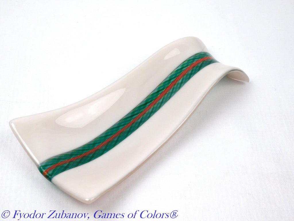 A hand-crafted glass decorative spoon rest "Grean stream"; fused glass; kitchen accent