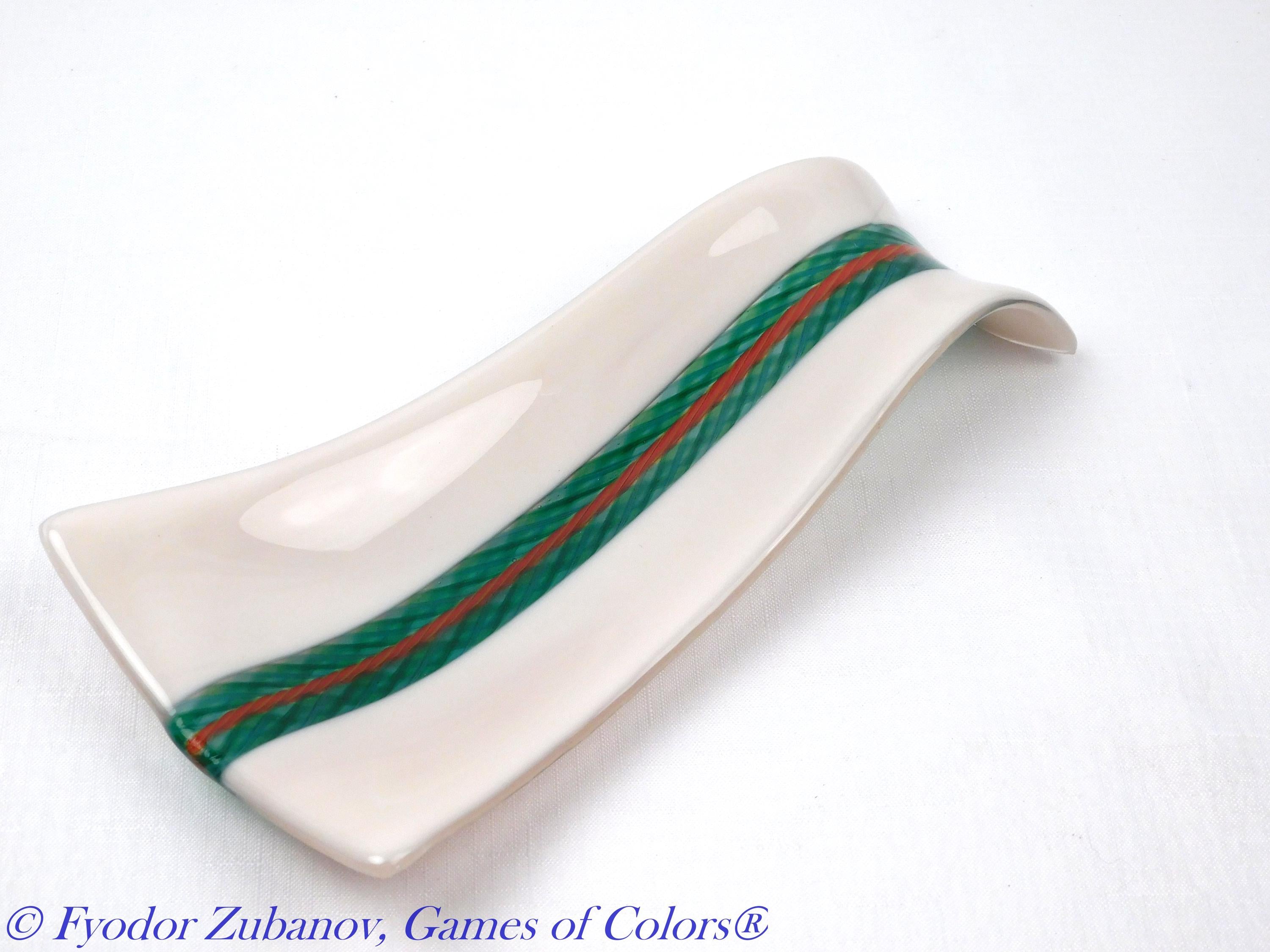 A hand-crafted glass decorative spoon rest "Grean stream"; fused glass; kitchen accent