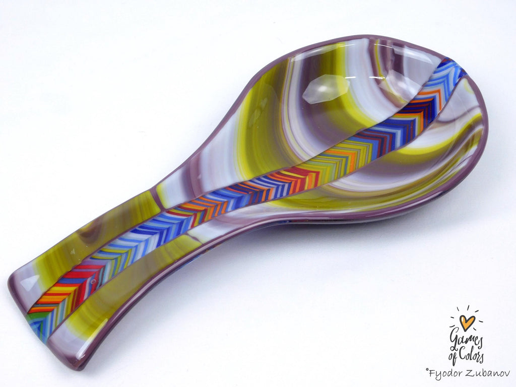 Violet Cascade Spoon Rest – Fused Glass Utensil Holder, Purple Marbled Kitchen Decor, Handmade Colorful Spoon Rest, Functional Art Gift