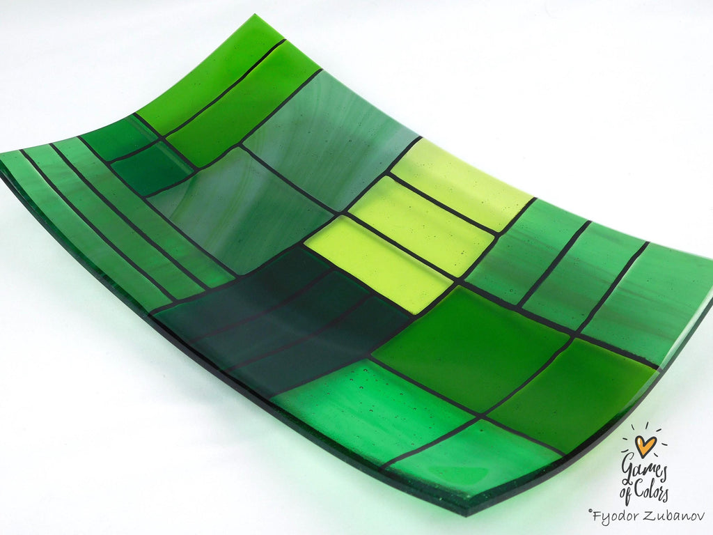 Fused Glass Plate: Rectangular Green Art Glass Centerpiece (12.25 x 7.25 inches)