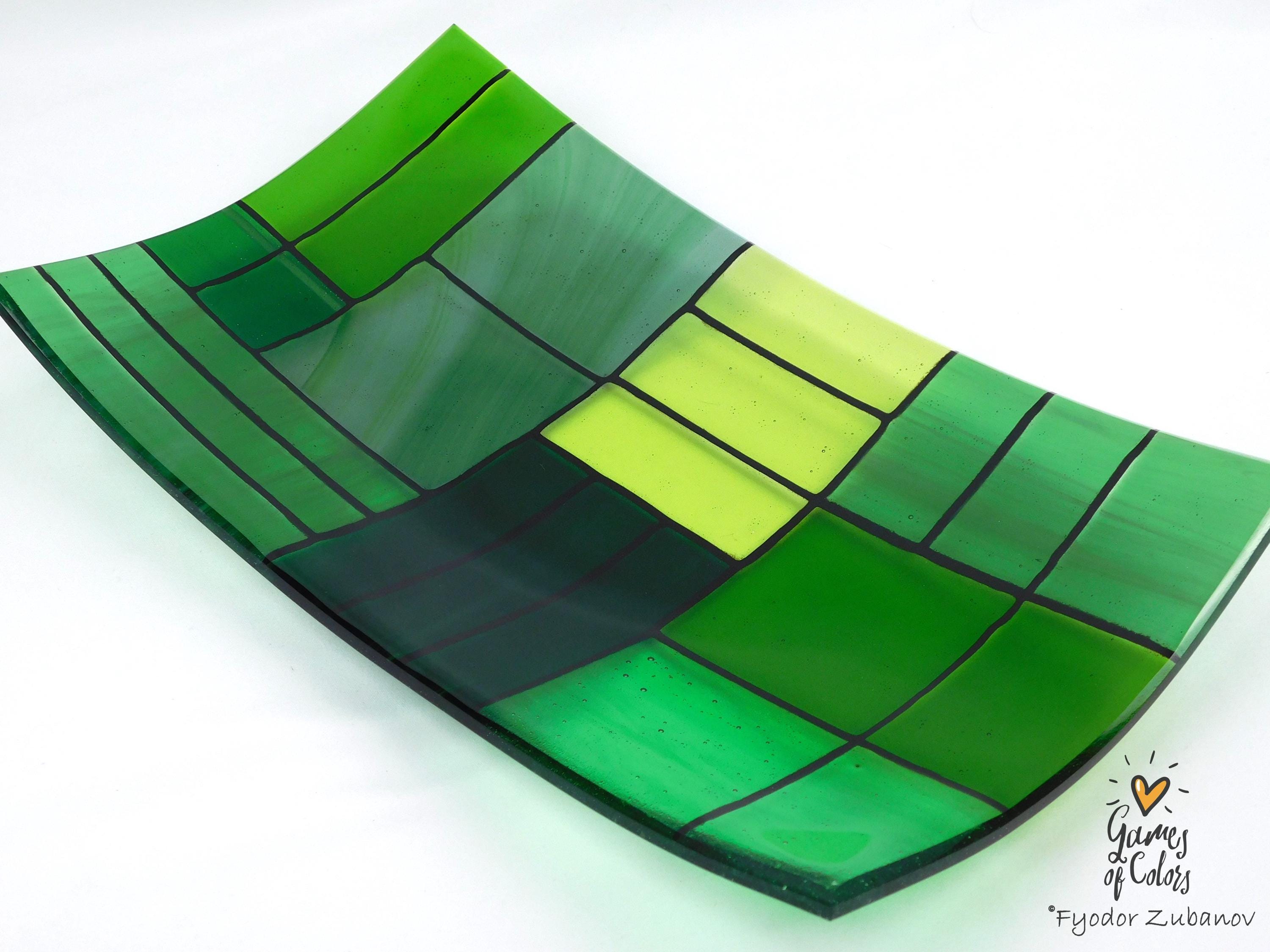 Fused Glass Plate: Rectangular Green Art Glass Centerpiece (12.25 x 7.25 inches)