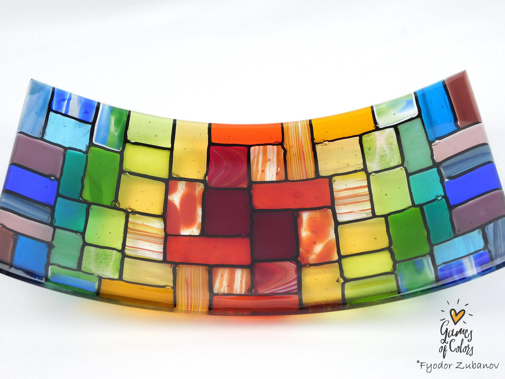 Fused Glass Plate "Rainbow Rocky Road"; Bowl for fruits; Rectangular Centerpiece Bowl, Handmade