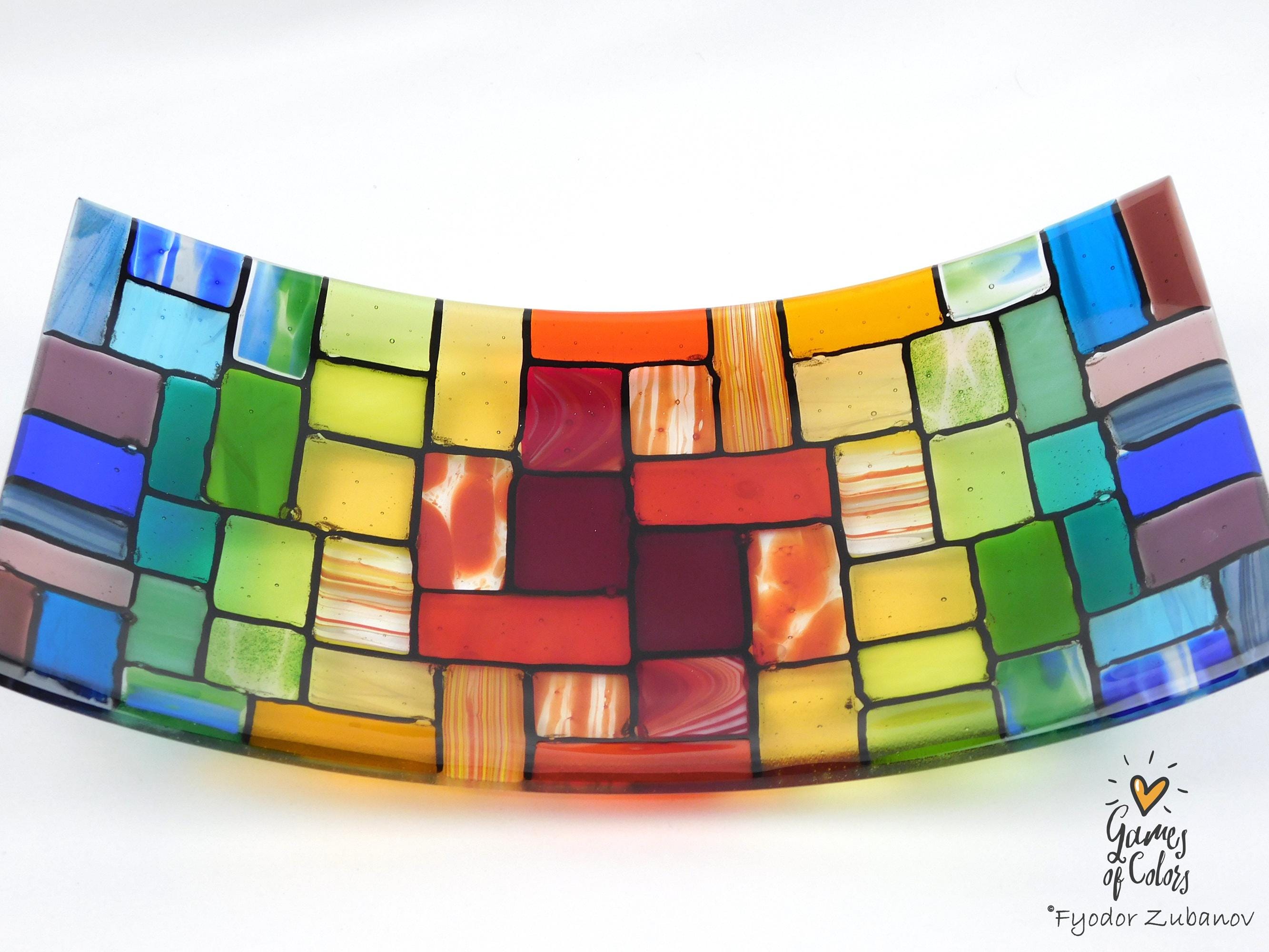 Fused Glass Plate "Rainbow Rocky Road"; Bowl for fruits; Rectangular Centerpiece Bowl, Handmade
