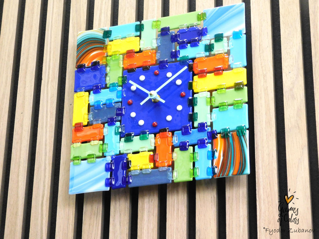 Fused Glass Square Wall Clock - Blue dial, multicolor face