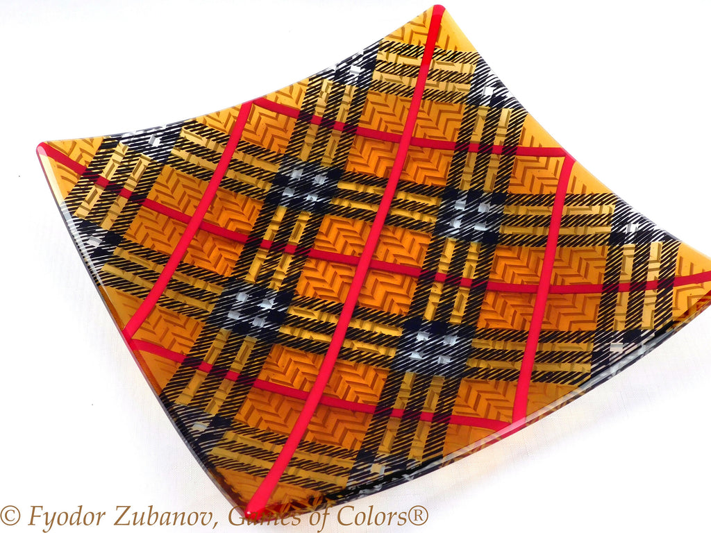 Fused Glass Tartan Plate: Black and Amber Geometric Art