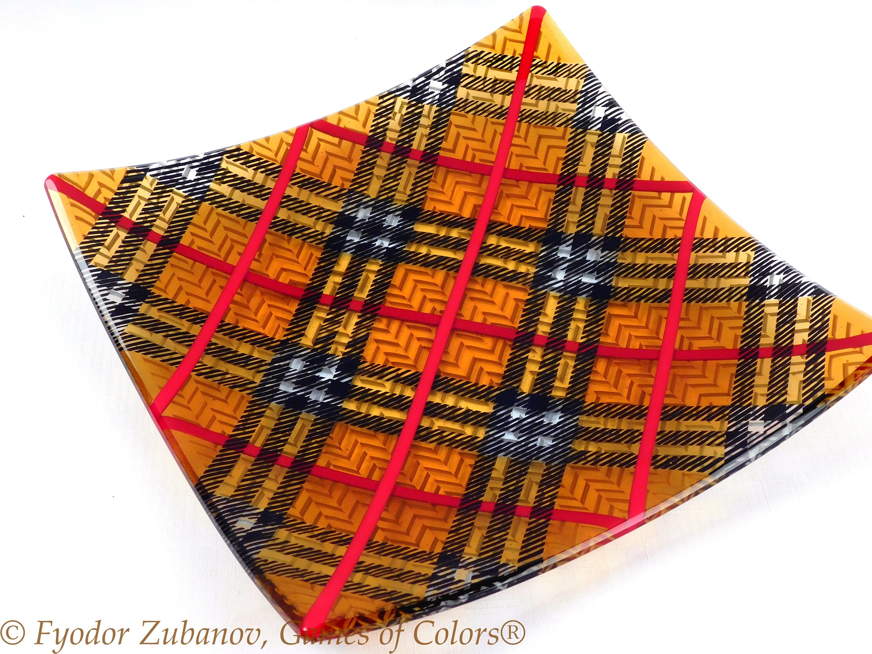 Fused Glass Tartan Plate: Black and Amber Geometric Art