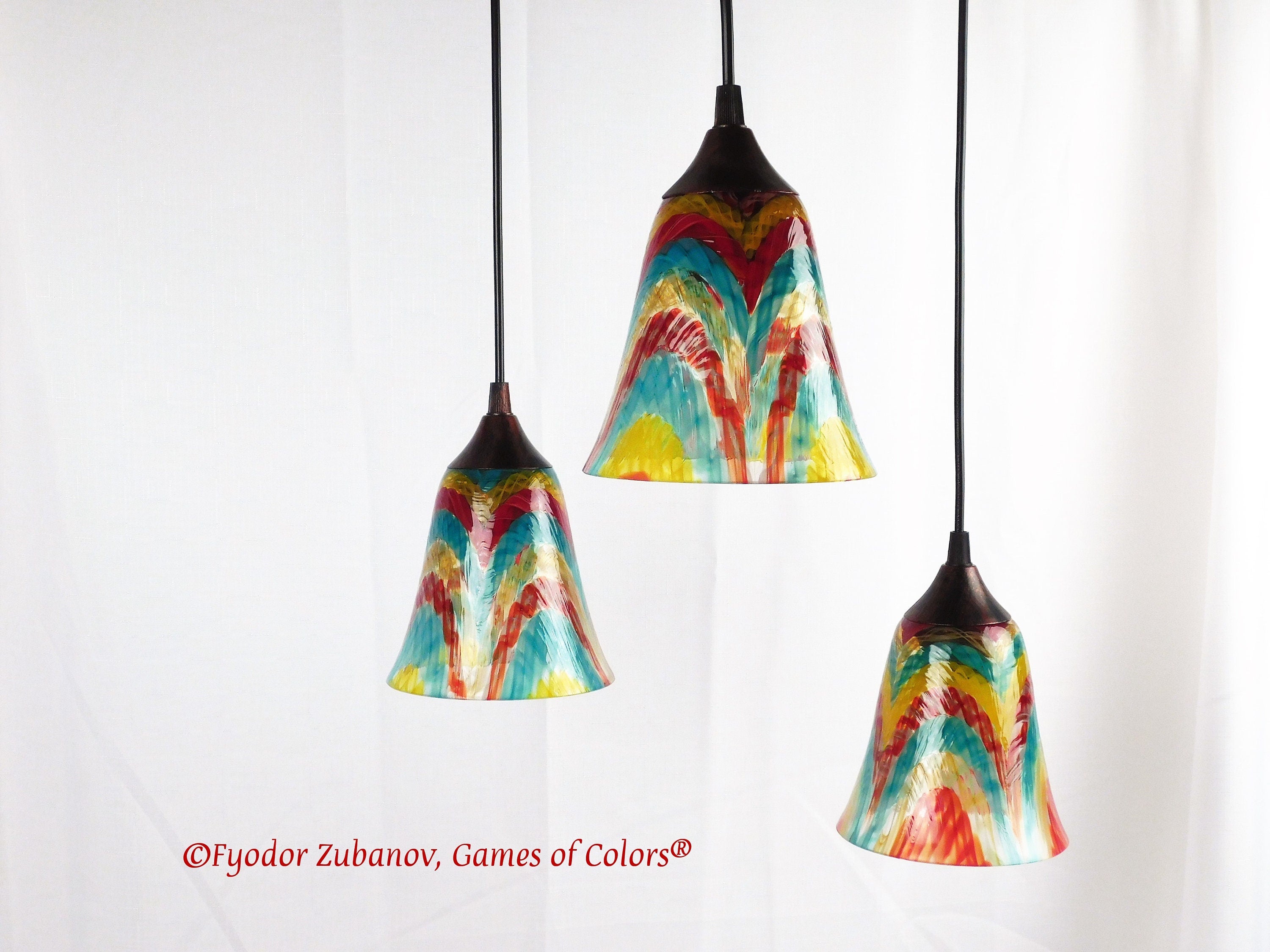 Fused Glass Pendant Light: Colorful Art Glass, Black Cord