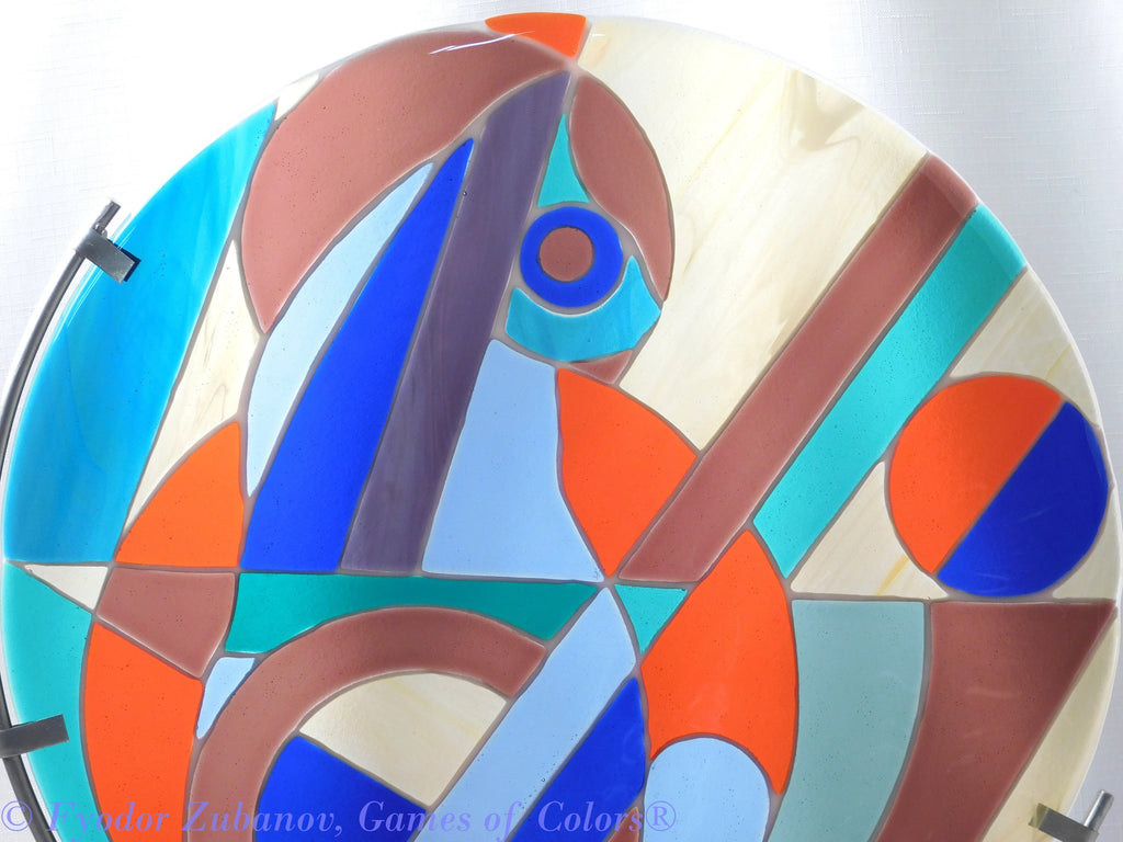 Sun catcher "Playful cat"; stained glass imitation; fused glass; display stand included.