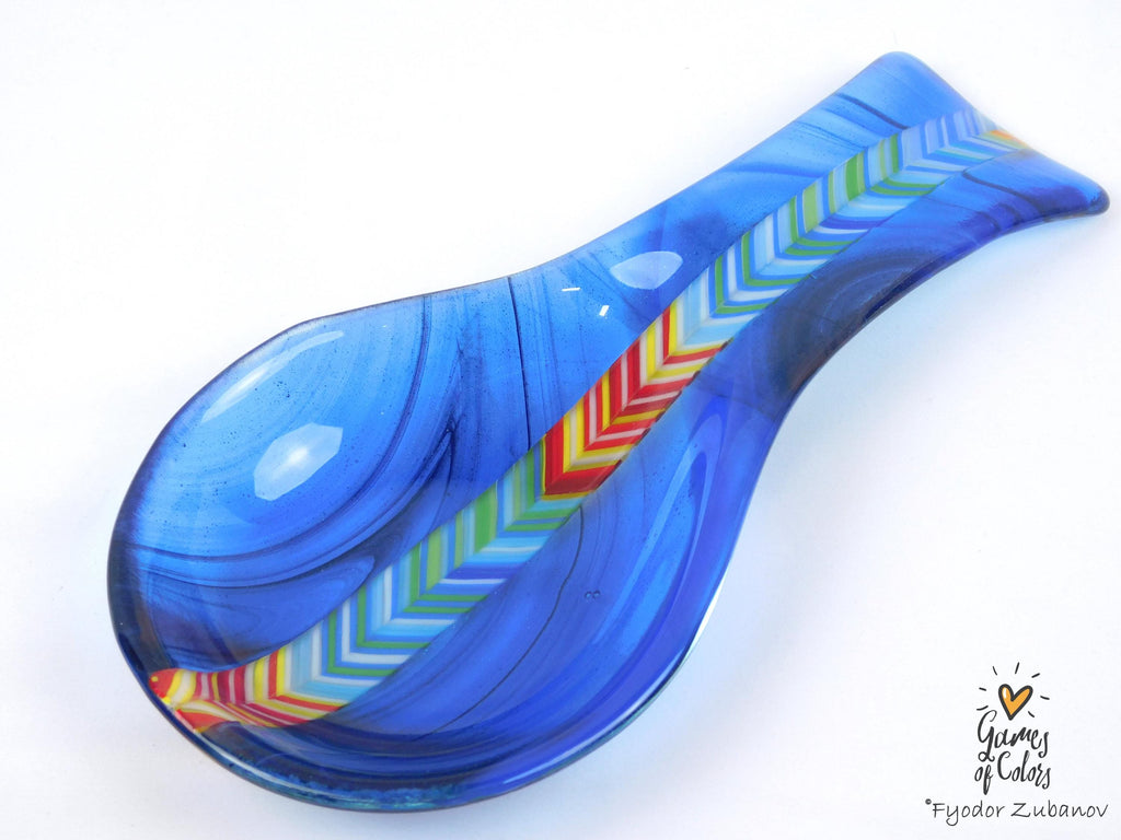 Azure Prizm Ribbon – Fused Glass Spoon Rest, Transparent Blue Kitchen Art
