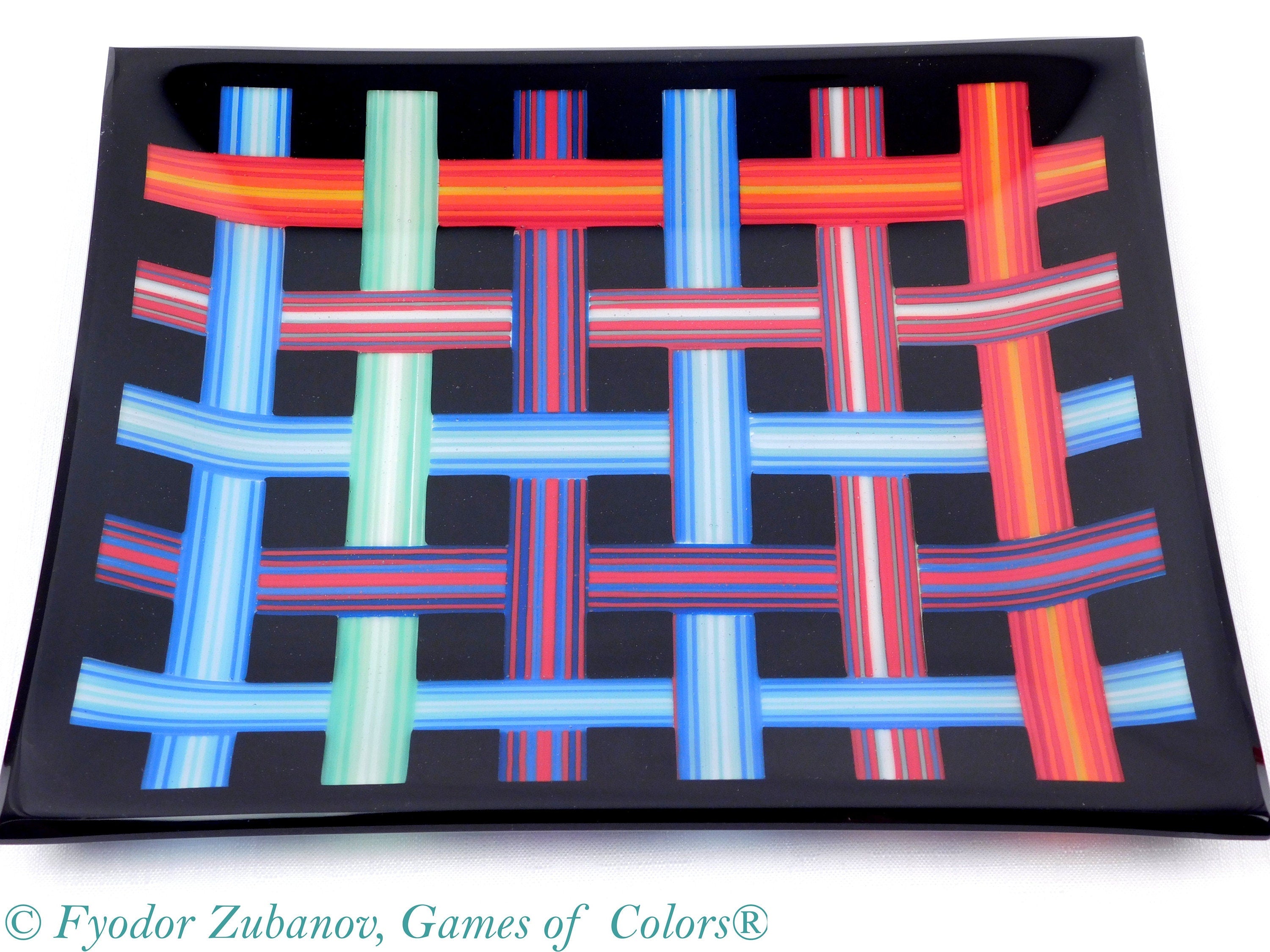 Fused Glass Plate: Woven Ribbon Design, Black Decorative Tray (10.5 x 9 in)