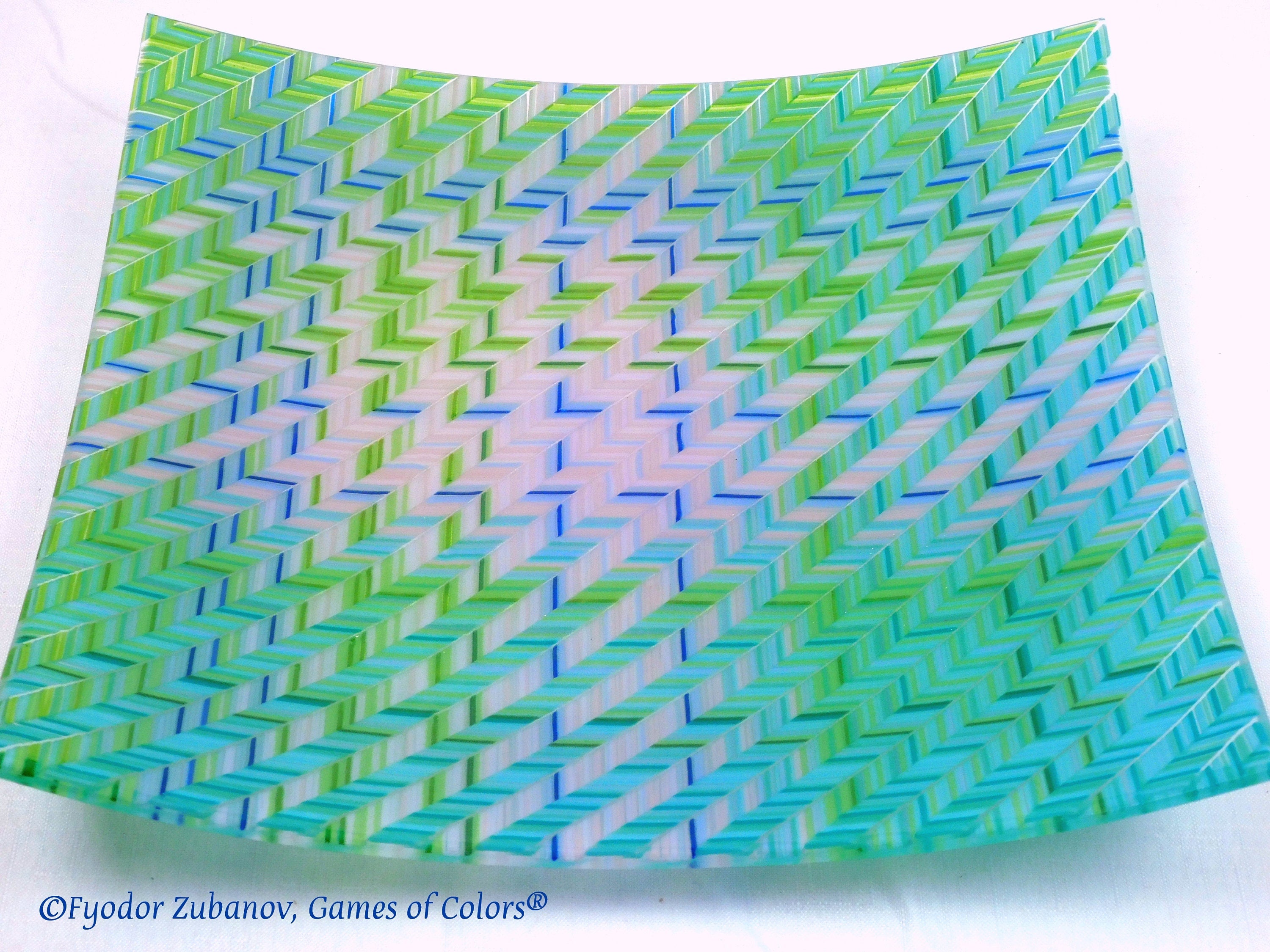 Fused Glass Plate: "Blue Stitches" Chevron Art Glass Tray (12x12 inches)