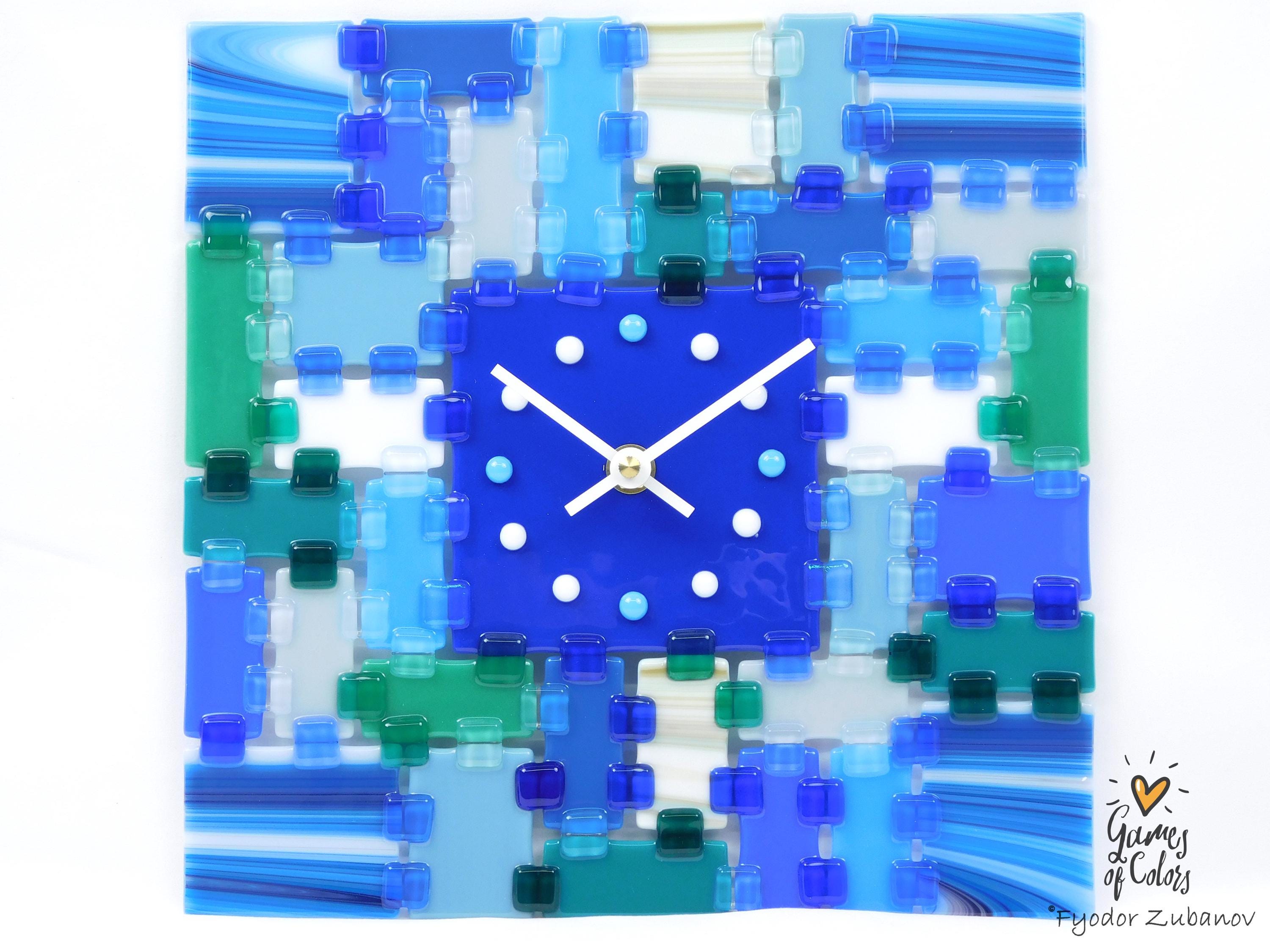 Fused Glass Square Wall Clock - Modern Silent Clock, Blue