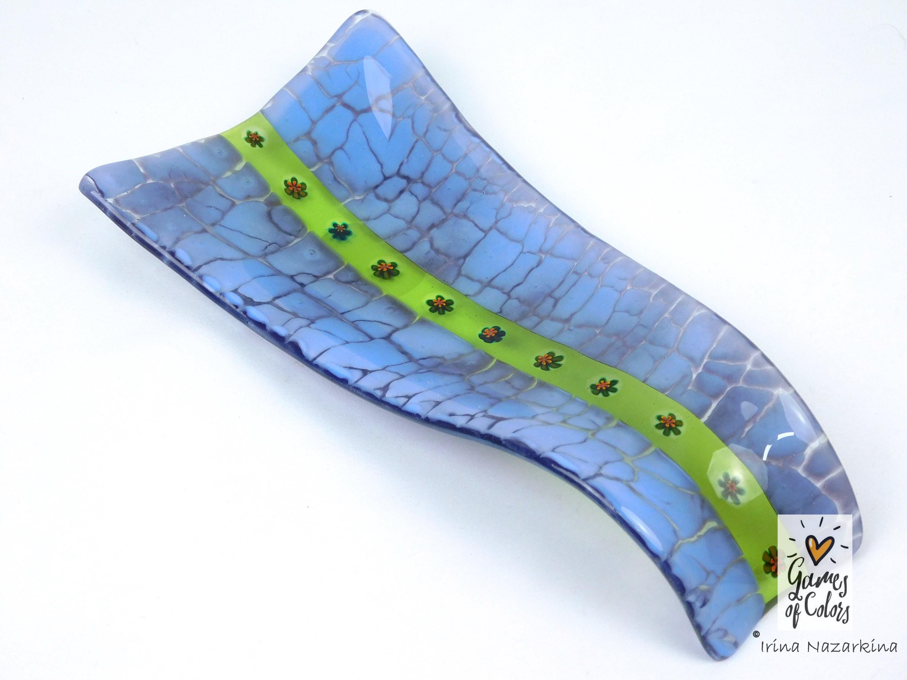 Meadow Ribbon – Fused Glass Spoon Rest / Floral Green Kitchen Art