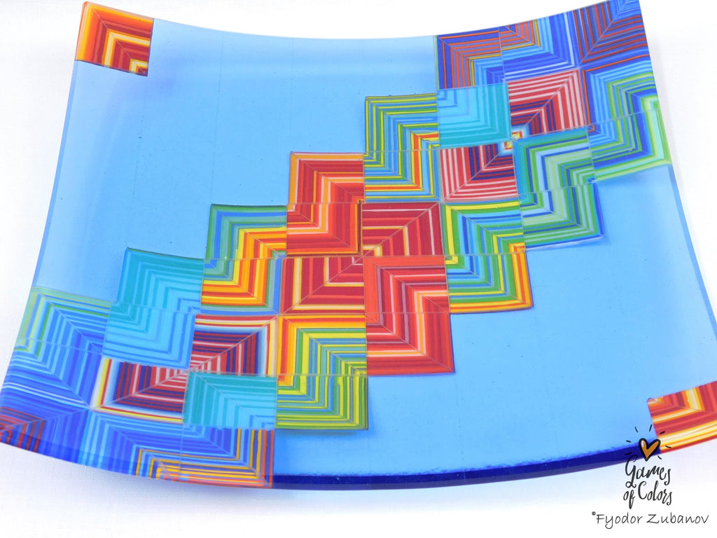 A fused glass square plate "Joyful Way - Light blue"; art glass; decorative plate; geometric design, holidays