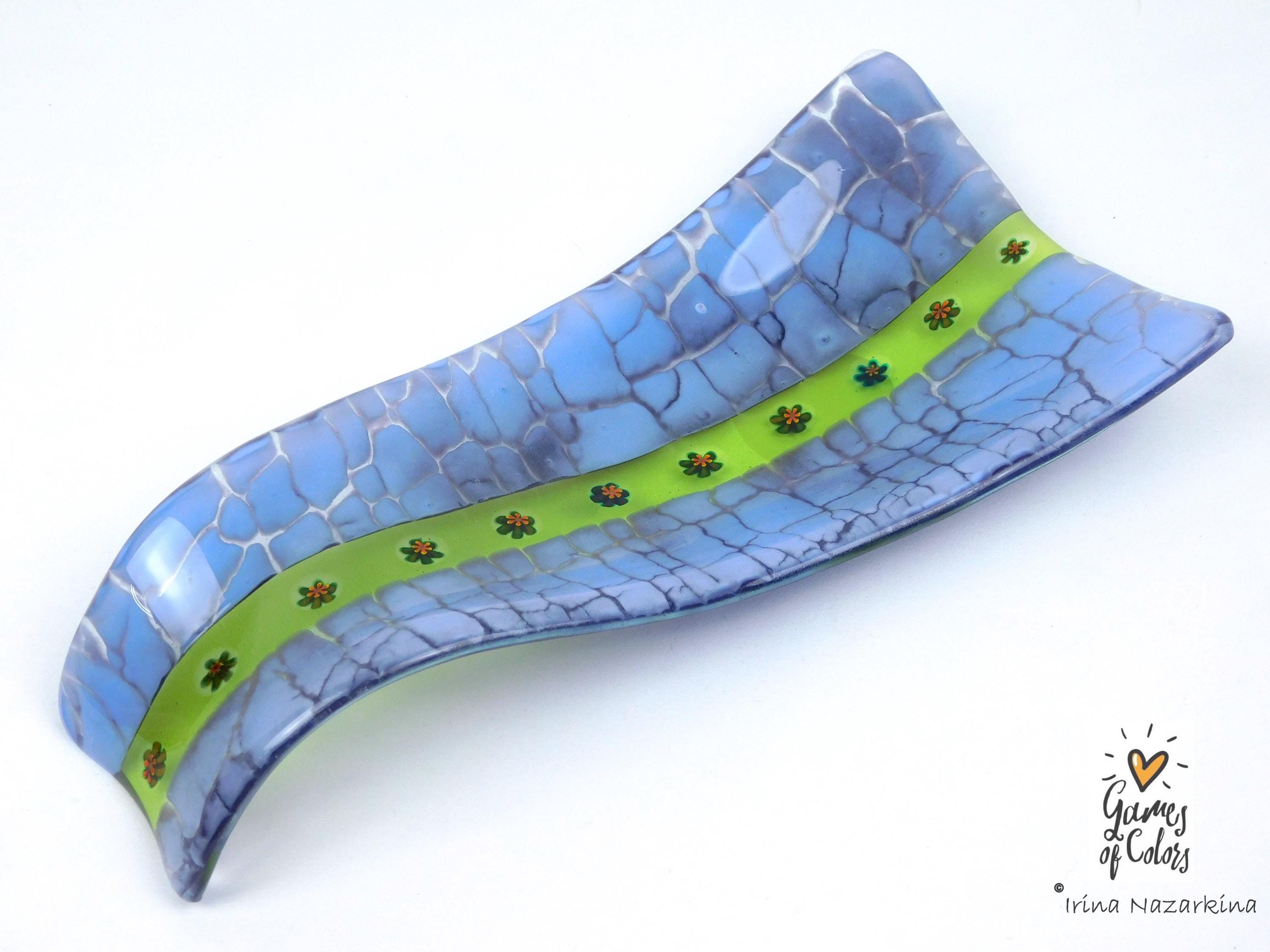 Meadow Ribbon – Fused Glass Spoon Rest / Floral Green Kitchen Art