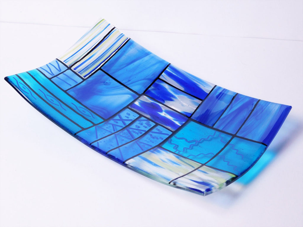 Handmade Glass Plate Set: Colorful Rectangular Platter & Plates