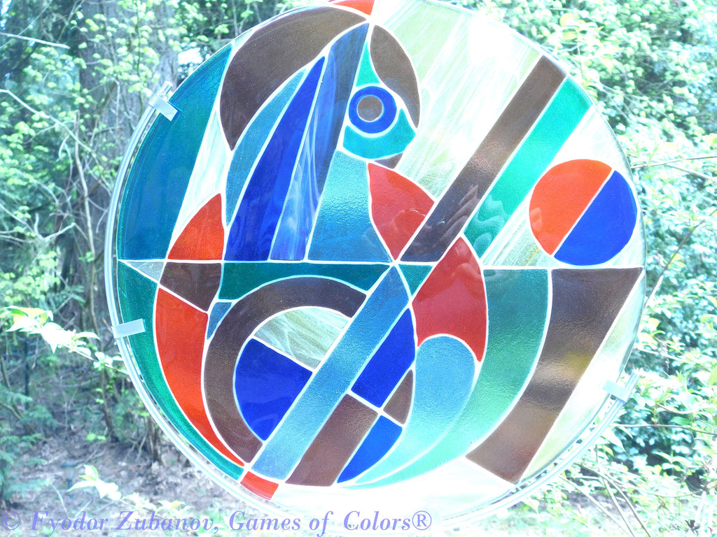 Sun catcher "Playful cat"; stained glass imitation; fused glass; display stand included.