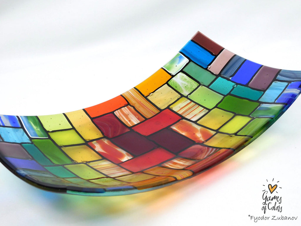 Fused Glass Plate "Rainbow Rocky Road"; Bowl for fruits; Rectangular Centerpiece Bowl, Handmade