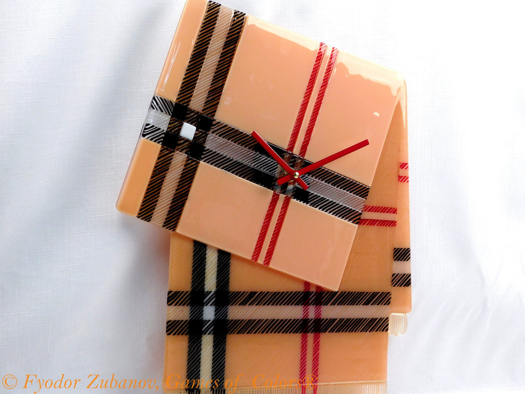 A decorative stylish wall clock "Tartan B"; fused glass, battery powered, one-of-a-kind, anniversary present