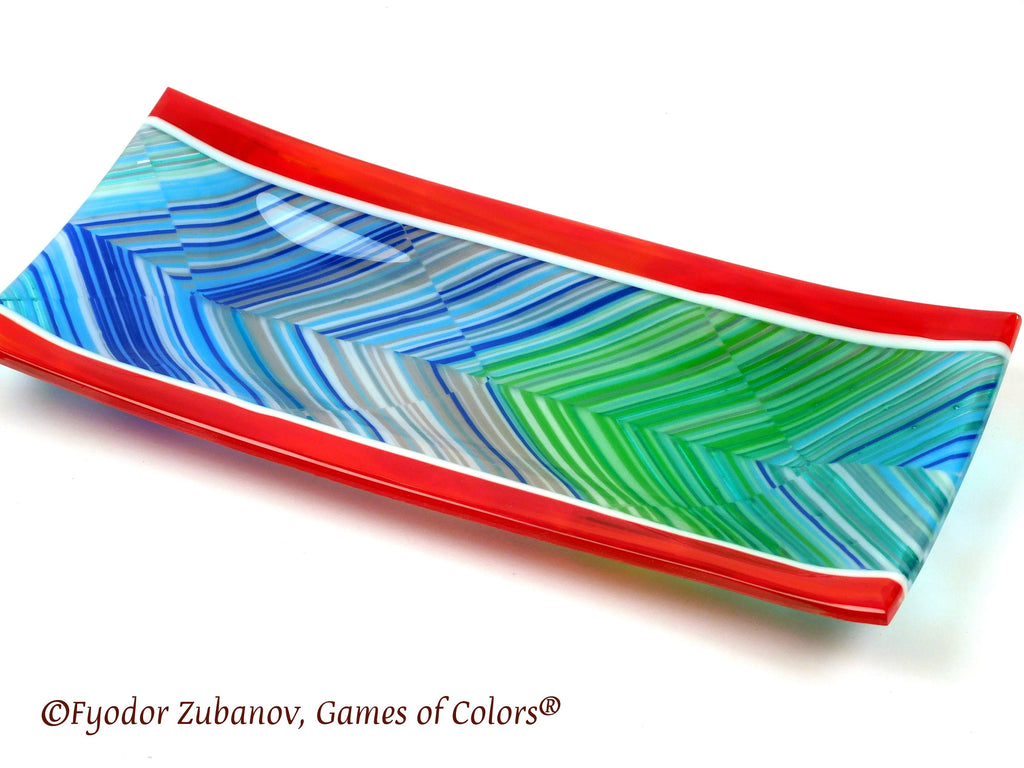 Fused Glass Sushi Plate: Peacock Feather Chevron Design