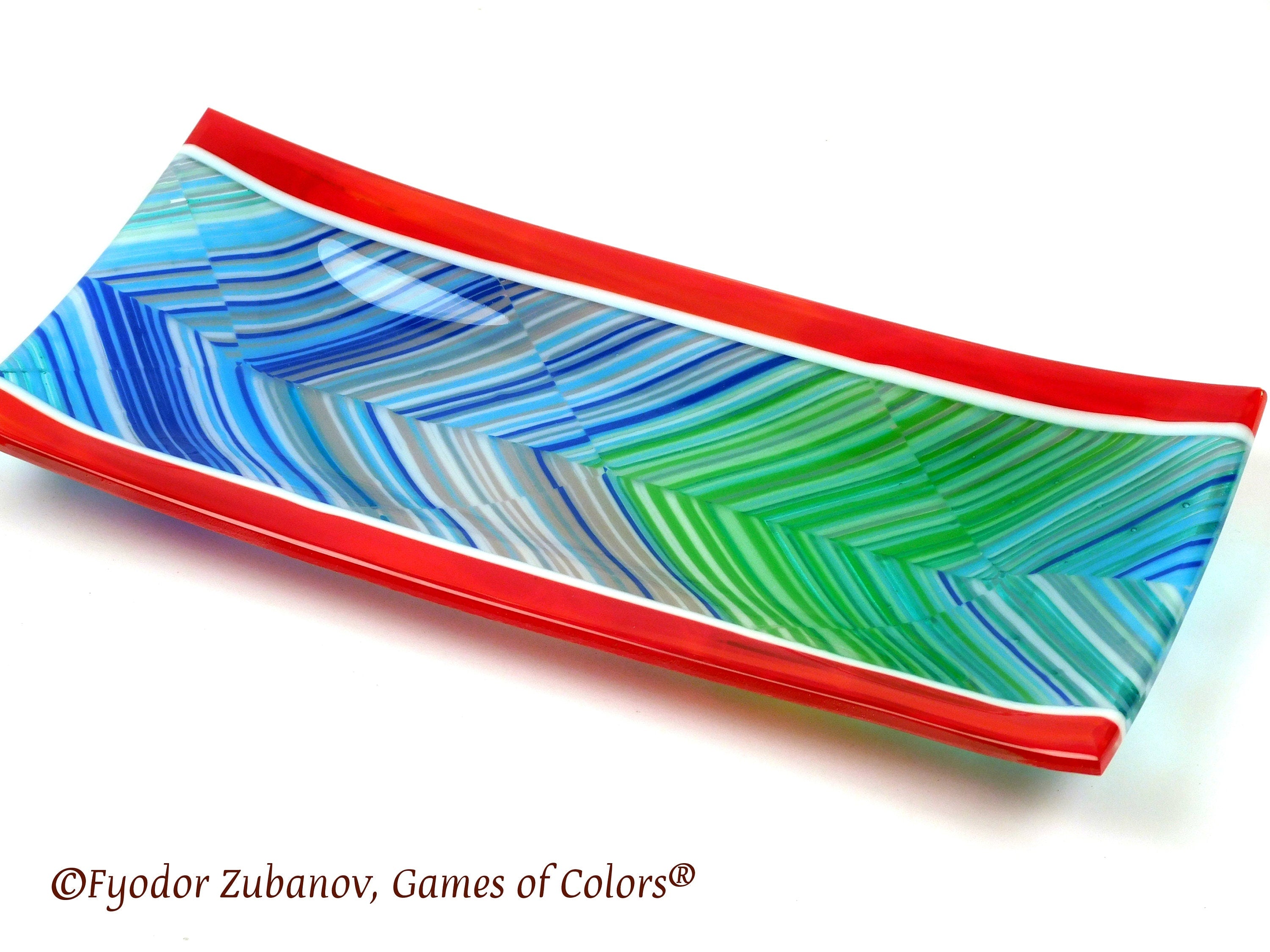Fused Glass Sushi Plate: Peacock Feather Chevron Design