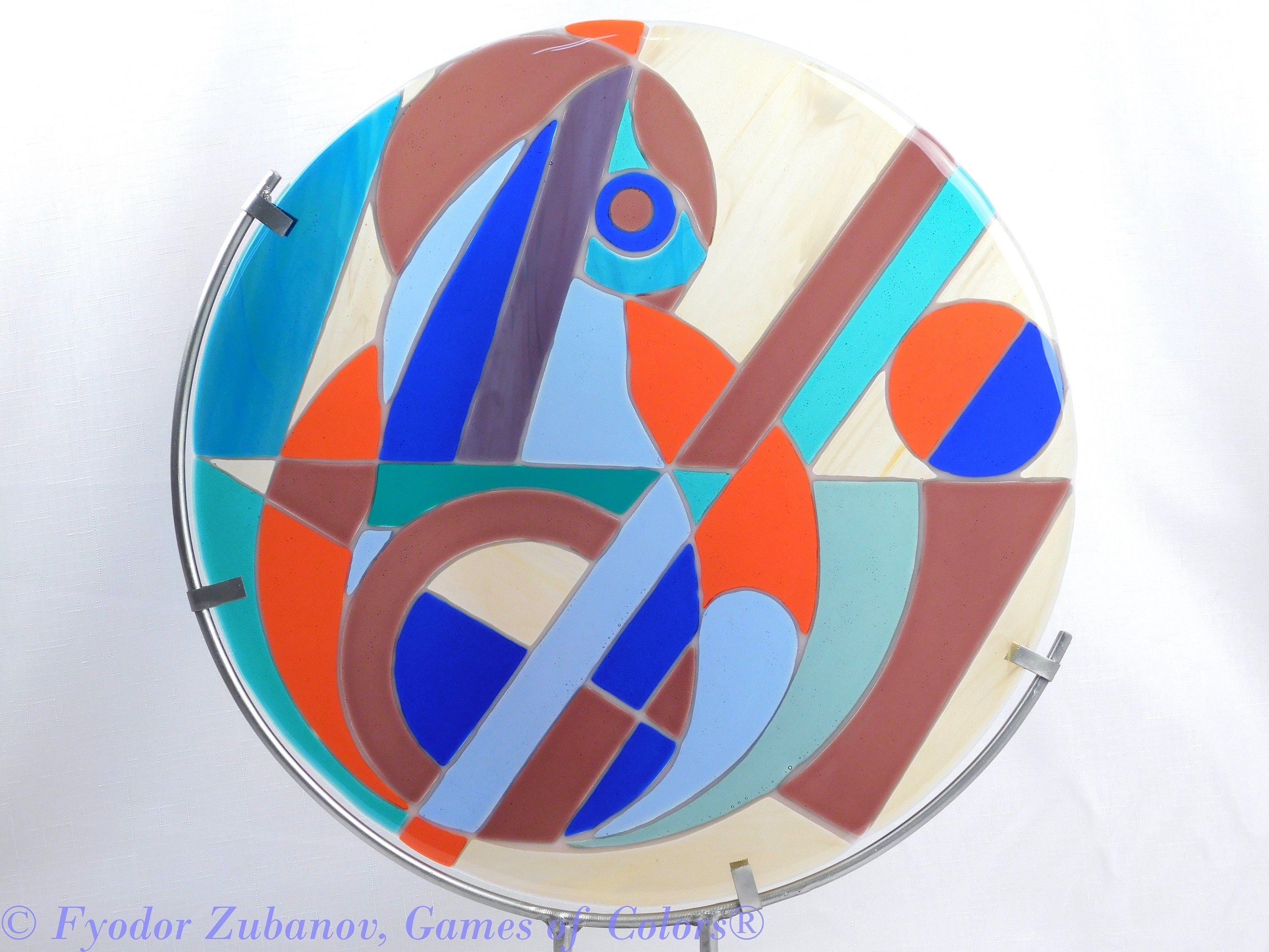 Sun catcher "Playful cat"; stained glass imitation; fused glass; display stand included.
