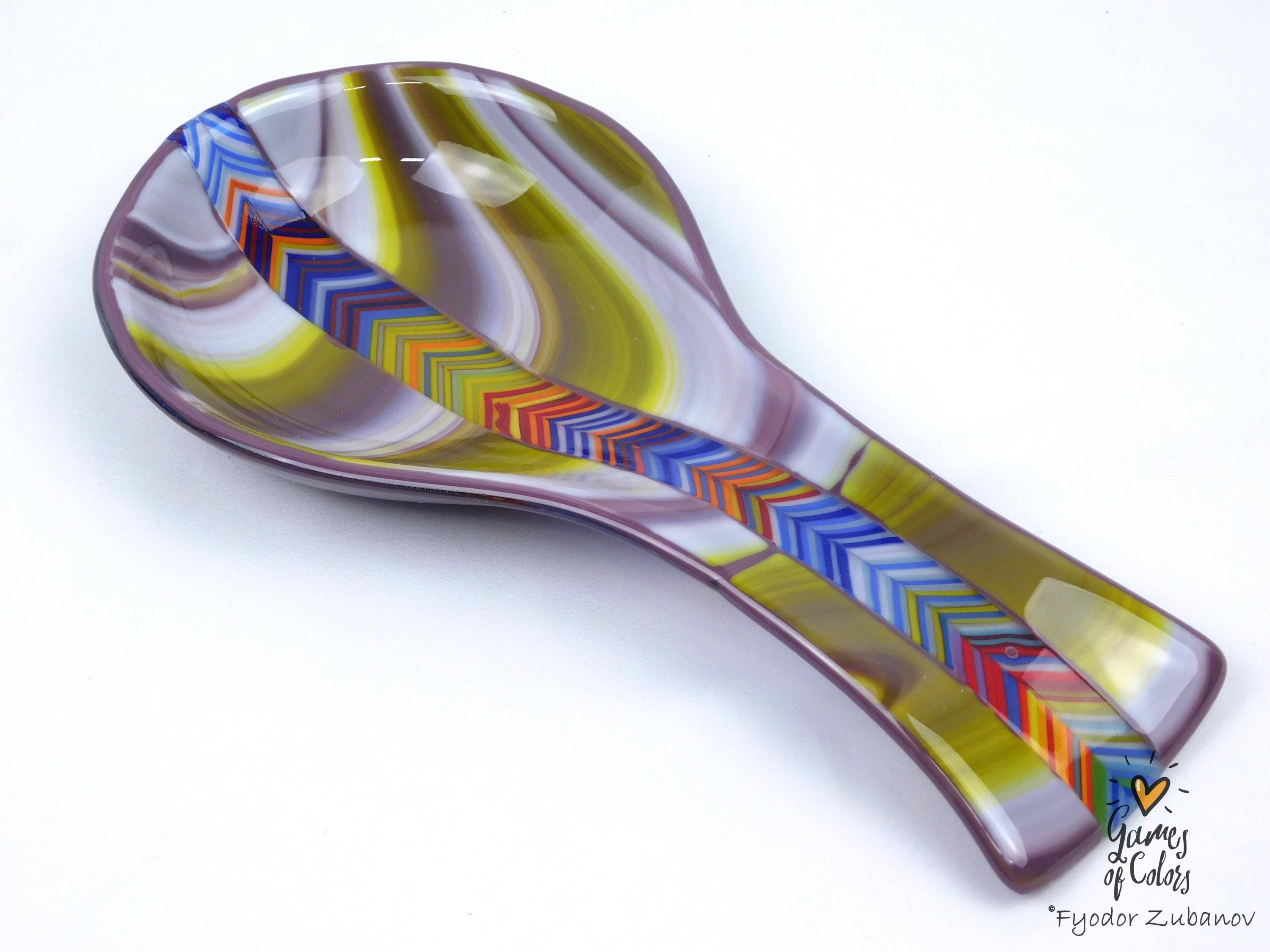 Violet Cascade Spoon Rest – Fused Glass Utensil Holder, Purple Marbled Kitchen Decor, Handmade Colorful Spoon Rest, Functional Art Gift