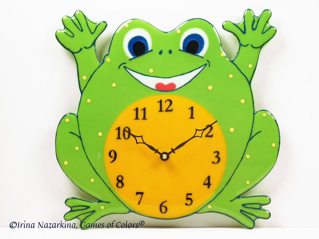 Fused Glass Frog Clock: Kids Room Decor, Battery Powered