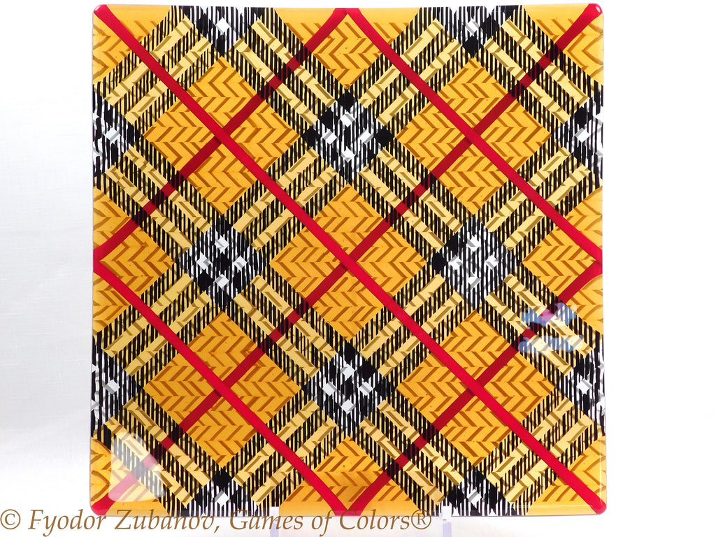 Fused Glass Tartan Plate: Black and Amber Geometric Art