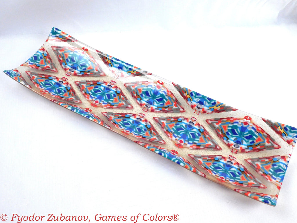 A large glass channel tray "Diamonds in Champagne"; Decorative Plate; Centerpiece; fused glass.