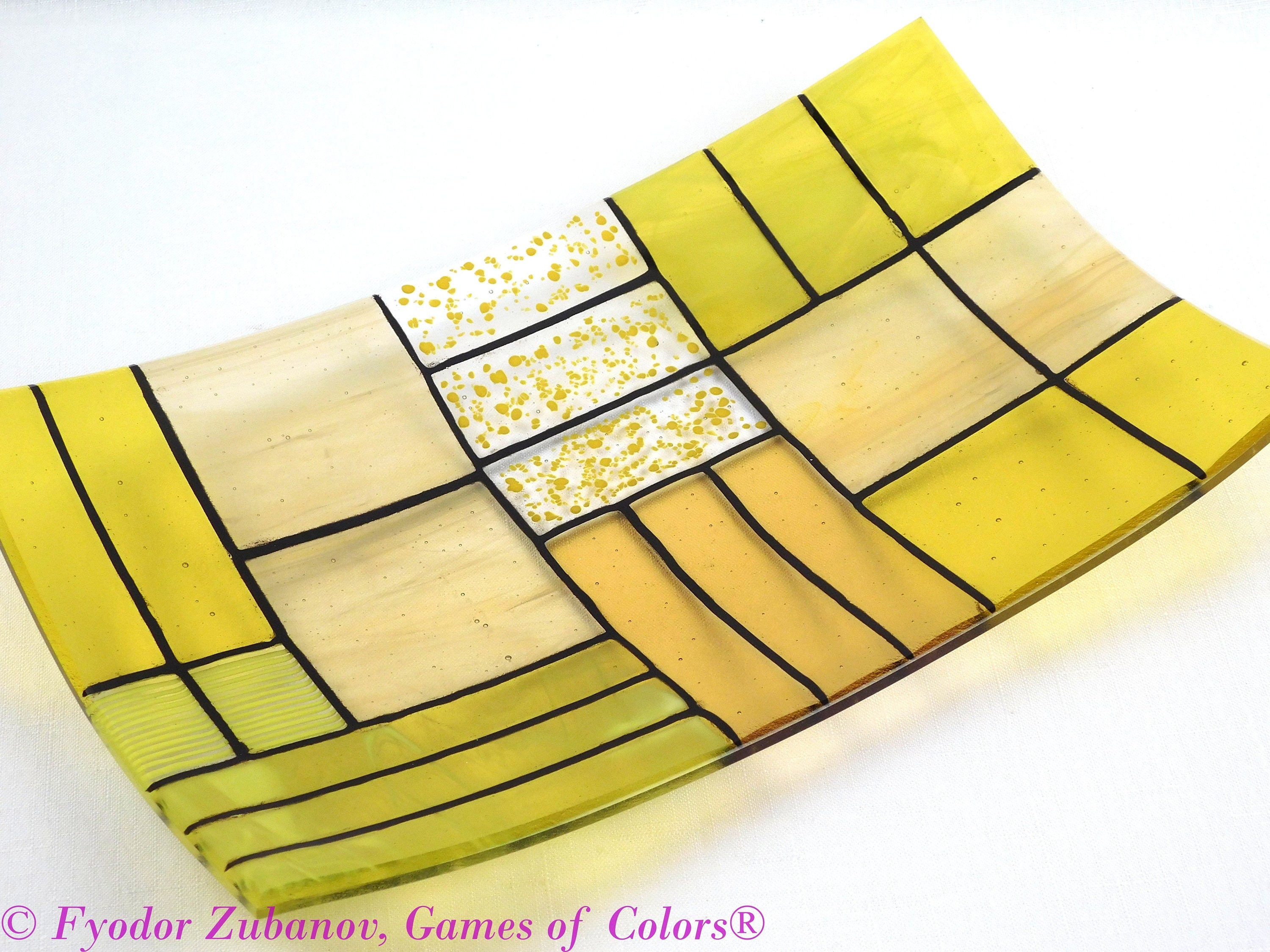 A rectangular fused glass plate "A Gentle color mix - Yellows"; Decorative Plate; professional look; food safe; art glass;
