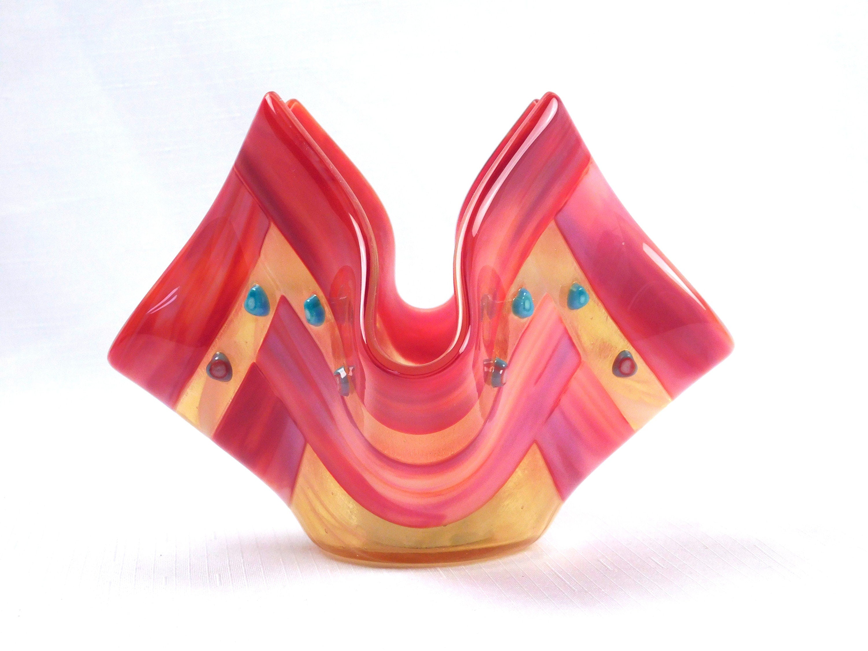 Valentines candle holder Hearts in Amber. Fused glass.