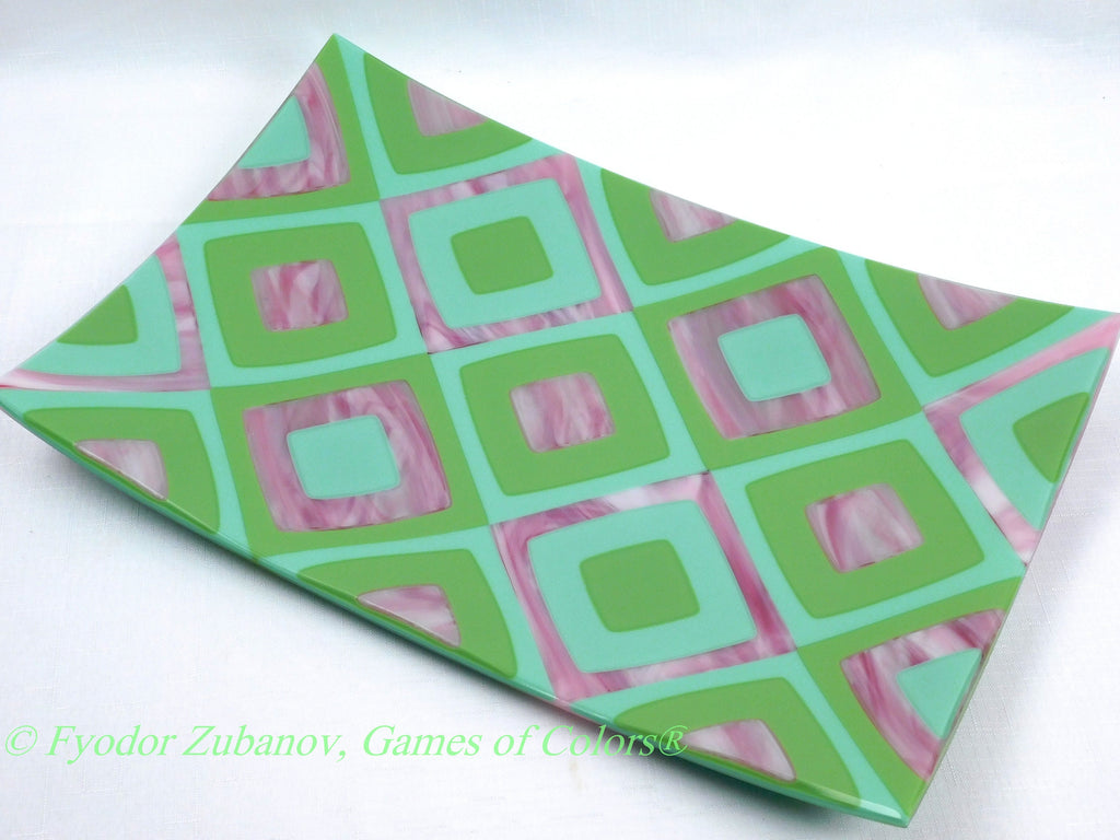 A rectangular fused glass platter "Sakura"; Decorative Plate; Centerpiece; shallow plate