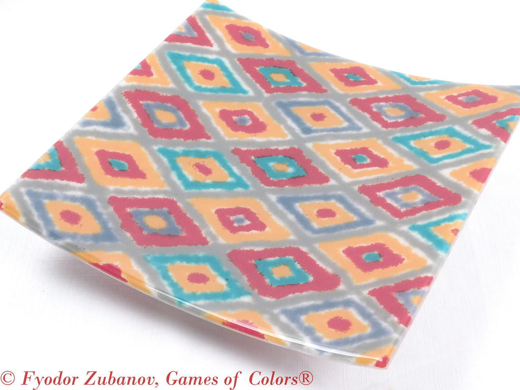 Fused Glass Fruit Bowl: "Oriental Fabric I" Geometric Art Glass