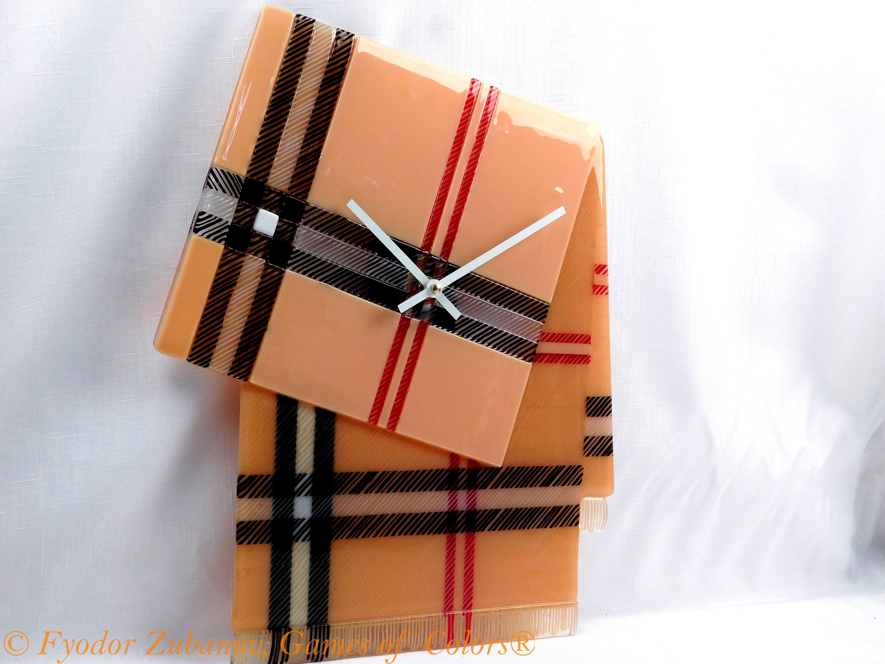 A decorative stylish wall clock "Tartan B"; fused glass, battery powered, one-of-a-kind, anniversary present