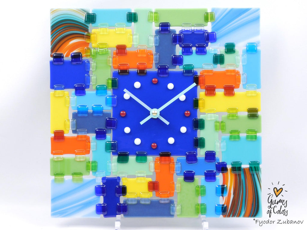 Fused Glass Square Wall Clock - Blue dial, multicolor face