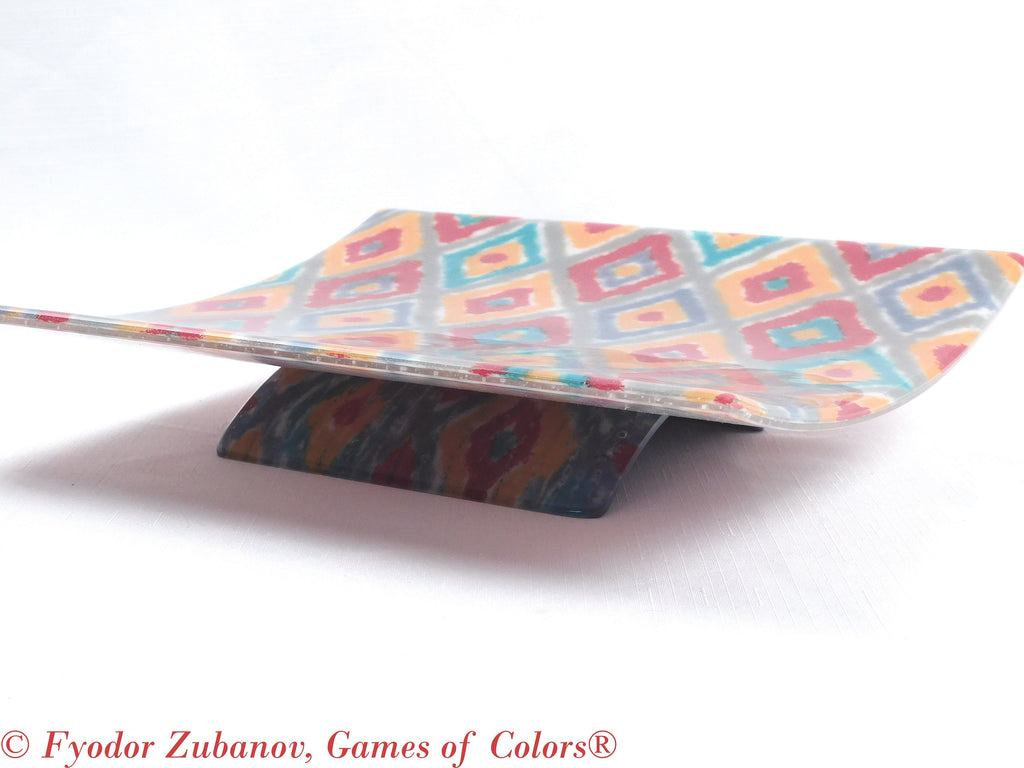 Fused Glass Fruit Bowl: "Oriental Fabric I" Geometric Art Glass